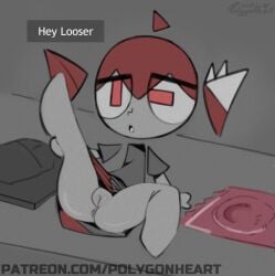 1girls 2d 2d_(artwork) ahoge anus anus_peek ass big_ass big_thighs bottom_heavy bottomless cartoony chibi clothed clothed_female clothing condom condom_packet condom_wrapper detached_limbs english_text erotic_chibi female female_only grey_skin hair_ornament hairbow kasane_teto kasane_teto_(sv) large_ass large_thighs laying_on_ground lifting_leg minigirl mv_character nub_feet open_mouth plump plump_labia plump_pussy plump_vulva polygonheart presenting presenting_anus presenting_ass presenting_pussy pussy red_eyes red_hair shiny_skin siting solo solo_female spread_legs synthesizer_v text thick_thighs thighs twin_drills utau vagina