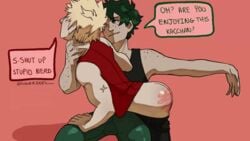 2boys animated bent_over bent_over_lap blonde_hair flowerdicks_ flowerzips gay gif green_hair hand_mark hand_on_thigh hand_on_throat izuku_midoriya katsuki_bakugou lap male male/male multiple_boys muscular_male my_hero_academia pants_down spanked spanking text text_bubble yaoi