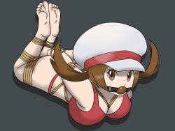 1girls arms_tied_behind_back ass ball_gag bondage bondage bra breasts brown_eyes brown_hair dankestofdans gag gagged hat hogtie large_breasts legs_tied looking_at_viewer lyra_(pokemon) nintendo panties pokemon pokemon_hgss red_bra red_panties rope rope_between_breasts rope_bondage shibari_over_clothes twintails