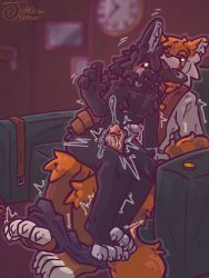 ailurid anthro ass belt big_butt bite bite_mark blush bodily_fluids brown_eyes business_attire butt_grab clothed clothes_on_floor clothing coin dripping duo ear_bite erection femboy genital_fluids genitals gold_(metal) gold_coin hand_on_butt hi_res judas_(judasthesinner) judasthesinner lagomorph leaking_precum leporid male male/male mammal nipples nude nude_anthro nude_male on_lap paws penis precum precum_drip precum_on_penis precum_squirt precum_string rabbit raised_leg raised_paw red_panda scuff_marks sex shaky_legs sitting_on_lap skyler_(begentle) squish thick_thighs thigh_sex thigh_squish throb throbbing throbbing_penis yellow_eyes