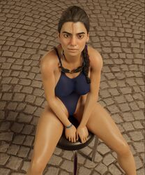 1girls 3d activision black_hair braid brown_eyes call_of_duty claudia_doumit emberstock farah_karim female female_only goggles looking_at_viewer one-piece_swimsuit shiny_skin sitting smirk solo swimsuit