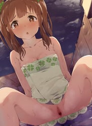 brown_eyes brown_hair collarbone crying idolmaster ogata_chieri onsen pigtails pubic_hair pussy see_through seneto tear teenager the_idolm@ster the_idolm@ster_cinderella_girls towel twintails uncensored wet young younger_female