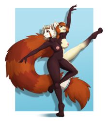 absurd_res ailurid anthro breasts brown_body brown_fur chest_tuft dancing female fluffy fluffy_tail fur hair hi_res long_tail mammal multi_head multicolored_body multicolored_fur nipples nude orange_body orange_fur orange_hair ranara red_panda short_hair simple_background smaller_version_at_source smile solo tuft white_body white_fur white_hair