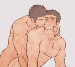 2boys abs alternate_costume anal ass bara black_hair blush brown_hair chataro1412 completely_nude couple droplet gay imminent_kiss jewelry male male/male male_focus male_only multiple_boys muscular muscular_male necklace nipples nude out-of-frame_censoring pectorals protagonist_(tokyo_afterschool_summoners) protagonist_3_(tokyo_afterschool_summoners) sex shiro_(tokyo_afterschool_summoners) short_hair sweat thick_eyebrows tokyo_afterschool_summoners tokyo_houkago_summoners tongue tongue_out whistle whistle_around_neck yaoi