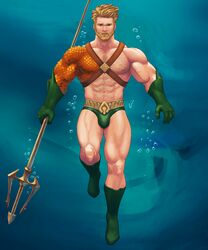 1boy abs aquaman arthur_curry beard biceps blonde_hair blue_eyes bulge gabo_artist male_only muscular pecs thick_thighs underwater