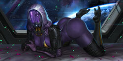 1girls 3_fingers 3_toes alternate_version_available ass ass_up bioware butt butt_crack hood looking_at_viewer mask mass_effect purple_skin quarian soffa tali'zorah_nar_rayya thick_ass thick_thighs thighs thong