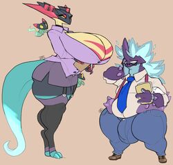 1boy 1girls anthro big_breasts bottomwear breasts bulge cleavage clothed clothing dragapult duo female garter_straps genital_outline hi_res huge_breasts hyper hyper_breasts jinti_(artist) male miniskirt nintendo penis_outline pokemon pokemon_(species) skirt toxtricity video_games