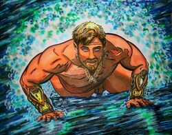 1boy aquaman arthur_curry beard biceps blonde_hair blue_eyes dc kwongbeearts male_only muscular nude pecs penis pubic_hair thick_thighs