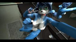 16:9 2020 3d 3d_(artwork) anthro bathroom black_bars blue_body blue_fur blue_hair breasts canid canine digital_media_(artwork) female fox fur genitals gesture green_eyes hair handpaw hi_res krystal krystal_appreciation_month letterbox mammal mirror multicolored_body multicolored_fur multicolored_tail nintendo nude paws pussy selfie silvarion silvarus sink solo star_fox tailband tattoo tongue tongue_out v_sign video_games white_body white_fur widescreen