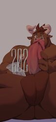 2021 abs anthro ass balls biceps bovid bovine brown_body brown_fur brown_hair cattle erection facial_hair fur genitals glass green_eyes grey_background hair hi_res holding_glass holding_object holding_penis horn male mammal muscular muscular_anthro muscular_male nipples nude pecs penis quads simple_background sitting solo spread_legs spreading taoren triceps