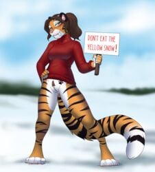 alex_marx anthro blurred_background bottomless breasts brown_hair claws clothed clothing digital_media_(artwork) english_text fangs felid female fingers footprint fur genitals green_eyes hair hand_on_hip holding_object jailbird landing_strip looking_at_viewer mammal orange_body orange_fur pantherine partially_clothed pawprint pawprint_marking pawprint_tattoo ponytail pubes pussy sabertooth_(anatomy) simple_background smile snow solo striped_body striped_fur stripes sweater tattoo text tiger topwear turtleneck white_body white_fur winter