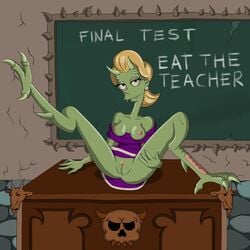 1:1 1girls blonde_hair clothing demon demon_girl demon_teacher_(the_simpsons) dress english_text female genitals green_body green_horn green_skin hair horn older_female oral_invitation presenting presenting_pussy purple_clothing purple_dress pussy scales solo spread_legs spreading text the_simpsons treehouse_of_horror vishok yellow_pubic_hair