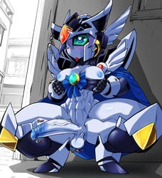 1futa abs android anus ass blue_anus blue_eyes blue_glans blue_nipples blush bottomless breasts breasts_out_of_clothes erection forehead_jewel futa_sans_pussy futanari green_sclera gundam humanoid japanese_text jewelry kneeling large_breasts mecha muscle navel nipples no_mouth no_nose penis pochincoff precum purple_hair purple_skin robot robot_girl sd_gundam sd_gundam_gaiden solo spread_legs squatting testicles text uncensored valkyrie_gundam_hazel veiny_penis white_penis white_skin