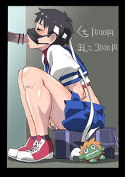 1girls absurdres bag bar_censor black_hair black_legwear blowjob blowjob_in_skirt blue_skirt blush brown_eyes censored clothed_female clothed_sex clothing drooling fellatio fellatio_under_mask female footwear headband highres human makinaru male mask mask_pull masturbating_during_fellatio masturbation midriff mosaic_censoring oral original_proportions pale_skin penis pleated_skirt pricelist prostitution sakura_kasugano school_bag school_uniform serafuku sex_in_skirt short_hair sitting skirt socks street_fighter sweat unseen_male_face