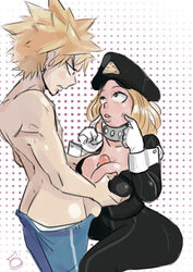 1boy 1girls big_breasts blonde_hair breast_squeeze breasts breasts_out camie_utsushimi cleavage duo eduardo_squidwardo eye_contact female hero_outfit_(mha) katsuki_bakugou large_breasts looking_at_partner male my_hero_academia outercourse paizuri partially_clothed pushing_breasts_together shiketsu_high_school_cap spiky_hair straight thesquiddycipher thick_ass tight_clothing tip_peeking wrist_cuffs