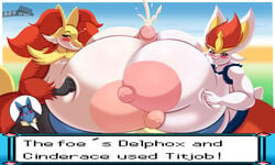 1boy 2girls 5:3 big_breasts blush bodily_fluids breast_squish breasts breasts_frottage breasts_squish cinderace collaborative collaborative_sex collaborative_titfuck cum cumshot curvy_figure delphox ejaculation female female_cinderace female_pokemon femdom fur gameplay_mechanics genital_fluids group group_sex hi_res huge_breasts hyper hyper_breasts looking_at_viewer lucario male_lucario male_pokemon male_pov malesub mature_female multicolored_body multicolored_fur multiple_girls nintendo nipples nude paizuri pokemon pokemon_(species) pokemon_ss pov sex sonatadragon squish text threesome titjob video_games