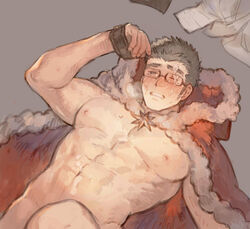 1boy abs alternate_costume autofacial bara bare_pecs black_hair blush brown_hair chataro1412 christmas coat cum cum_on_self facial fur-trimmed_coat fur_trim glasses hooded_coat human human_only implied_masturbation male male_focus male_only muscular muscular_male naked_coat navel nipples pectorals rimless_eyewear santa_costume shiro_(tokyo_afterschool_summoners) short_hair solo star_(symbol) stomach thick_eyebrows tokyo_afterschool_summoners tokyo_houkago_summoners