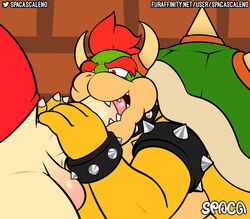 2boys absurd_res anthro balls bara bowser brick_wall clothing collar digital_media_(artwork) duo erection fellatio food gay genitals hair hi_res horn human human_on_anthro koopa male male/male male_only mammal mario mario_(series) nintendo oral penile penis scalie sex simple_background solo spaca super_mario_bros. sushi text url video_games wall_(structure)