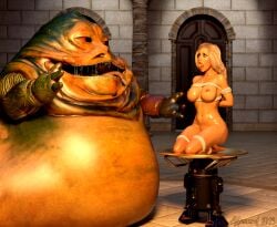 1girls 3d alucardsspirit apple apple_in_mouth blonde_hair bondage food gagged glistening_body hutt imminent_vore jabba's_palace jabba_the_hutt kneeling large_breasts oiled_skin original_character rope_bondage scared star_wars tied_up voluptuous