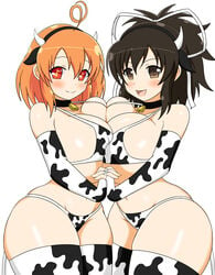 asuka_(senran_kagura) big_breasts black_hair breast_press breasts brown_eyes compile_heart cow_ears cow_girl cow_horns cow_print cow_tail cowbell hair_ribbon idea_factory marvelous marvelousaql_(neptunia) neptunia_(series) orange_eyes orange_hair panties senran_kagura senran_kagura_(series) soulkibble thick_thighs thighhighs wide_hips