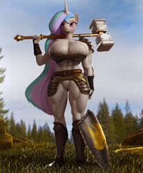 abs absurd_res big_breasts breasts cleavage clothed clothing equid equine essentiallypony female friendship_is_magic genitals hammer hi_res holding_object holding_weapon horn huge_breasts mammal moreuselesssource muscular muscular_female my_little_pony no_underwear princess_celestia_(mlp) pussy solo tools unicorn weapon