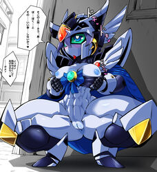 1girls abs android anus ass blue_anus blue_eyes blue_nipples blue_pussy blush bottomless breasts breasts_out_of_clothes clitoris female forehead_jewel green_sclera gundam humanoid hybrid japanese_text jewelry kneeling large_breasts mecha muscle navel nipples no_mouth no_nose no_panties pochincoff purple_hair purple_skin pussy robot robot_girl sd_gundam sd_gundam_gaiden solo speech_bubble spread_legs squatting text uncensored valkyrie_gundam_hazel white_skin