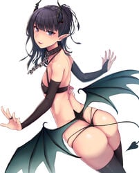 1boy aikawa_kizuna androgynous arched_back ass black_hair blue_eyes collar crossdressing demon_tail demon_wings eye_contact femboy feminine_male flat_chest girly horns looking_at_viewer lun7732 male male_only pointy_ears prunus_girl short_hair solo standing tagme thighhighs thighs white_background