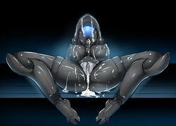 alternate_version_available bodysuit breasts cum cum_drip cum_dripping cum_in_pussy cum_on_body cum_on_breasts cum_on_mask cum_puddle exposed_pussy hood legs_spread mask mass_effect presenting_anus presenting_pussy pussy quarian skintight_bodysuit teqa thick_thighs