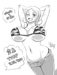 1girls big_breasts bikini_top female female_only huge_breasts japanese_text low_twintails mikanberry monochrome nami nipple_bulge one_piece pre-timeskip skypiea solo_female text translation_request