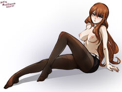 1girls bangs blue_eyes breasts brown_hair erect_nipples feet female female_only kiryuu_moeka legs long_hair minacream pantyhose shorts solo solo_focus steins;gate thick_thighs tights topless topless_female