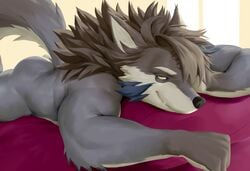 1boy absurd_res anthro ass bed canid canine canis cat_n1p fur furniture grey_body grey_fur hair hi_res looking_at_viewer lying male male_only mammal mane mane_hair muscular muscular_anthro muscular_male nude on_front solo temujin tokyo_afterschool_summoners video_games wolf