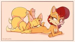 2021 2_tails anthro anthro_on_anthro archie_comics breasts butt_worship canid canine chipmunk closed_eyes duo female fox fur ground_squirrel hair half-closed_eyes hi_res leg_grab looking_back lying male male/female mammal multi_tail narrowed_eyes nipples nude on_front oral qrog red_hair rodent sally_acorn sciurid sonic_(series) sonic_the_hedgehog_(archie) sonic_the_hedgehog_(comics) sonic_the_hedgehog_(series) tails yellow_body yellow_fur