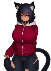 animal_ear_fluff animal_ears areolae bike_shorts black_hair borrowed_character breasts burakku-ra cat_ears cat_girl cat_tail choker commission cropped_legs curvy dark_skin english_commentary female fringe hair_between_eyes hanaya_(silviathepony) hood hoodie huge_breasts long_sleeves medium_hair narrow_waist original red_eyes red_hoodie solo tail thick_thighs torn_bike_shorts torn_clothes unamused undershirt