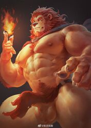 5_fingers 6suan abs anthro armpit_hair balls body_hair bottomwear brown_body brown_fur brown_mane cape claws clothed clothing clothing_lift elemental_manipulation erection erection_under_clothing fangs felid fingers fire fire_manipulation fur genitals hi_res lion loin-cloth loincloth loincloth_lift looking_at_viewer male male_only mammal mane muscular muscular_anthro muscular_male nipples pantherine pawpads pecs penis pubes red_bottomwear red_clothing simple_background solo