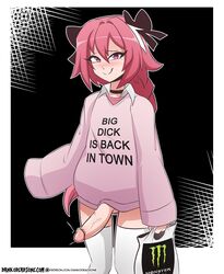 1boy artist_name astolfo_(fate) astolfo_monster_cosplay_(meme) bag big_penis black_bow black_choker blush border bottomless bow choker clothes_writing collared_shirt commentary dankodeadzone disconnected_mouth english_commentary english_text erection eyebrows_visible_through_hair fate_(series) femboy hair_between_eyes hair_intakes hair_ribbon hairbow highres holding holding_bag hung_trap layered_clothing long_hair long_sleeves looking_at_viewer male male_focus male_only meme meme_attire monster_energy multicolored_hair naughty_face oerba_yun_fang otoko_no_ko outline outside_border patreon_logo patreon_username penis pink_eyes pink_hair pink_shirt product_placement ribbon shirt shopping_bag sleeves_past_fingers sleeves_past_wrists smile solo solo_male standing streaked_hair testicles thighhighs tongue tongue_out trap uncensored underwear veins veiny_penis very_long_hair watermark web_address white_border white_legwear white_shirt
