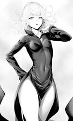 1girls breasts covered_navel curly_hair dress female flipped_hair greyscale long_sleeves looking_at_viewer monochrome narrow_shoulders one-punch_man open_mouth short_hair side_slit small_breasts tatsumaki thick_thighs thighs thin_arms thin_waist wide_hips zucchini