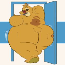 1:1 1boy alien anthro ass big_butt disney doorway experiment_(lilo_and_stitch) fur hi_res huge_butt lilo_and_stitch looking_back male male_only nude overweight reuben_(lilo_and_stitch) solo stuck superchub vetoknox yellow_body yellow_fur