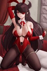 1girls areolae armpits beidou_(genshin_impact) big_breasts breasts brown_hair bunnysuit crouching curvy earrings eye_patch female female_only genshin_impact huge_breasts leotard lipstick long_hair looking_at_viewer on_bed on_knees pantyhose posing red_eyes smile solo solo_female thick_thighs video_games