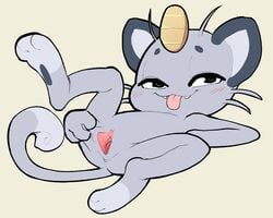 2021 5:4 alolan_meowth anthro bedroom_eyes blep blush felid female flat_chested fur furry furry_only genitals grey_body hi_res itsunknownanon looking_at_viewer lying mammal meowth narrowed_eyes nintendo nude on_back pokémon_(species) pokemon presenting presenting_pussy pussy regional_form_(pokémon) seductive solo spread_pussy spreading tail tongue tongue_out video_games