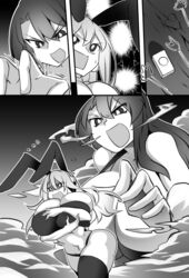 2girls big_breasts breast_expansion breasts bunny_ears comic commission cosmic_break giantess h_earth holding_breast huge_breasts ivis larger_female panels size_difference smaller_female tagme thick thick_thighs yuu_bit-na_(kindaichi109)