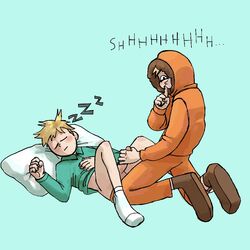 2boys aged_up asleep blonde_hair blue_background bottomless closed_eyes clothed clothing erect_while_sleeping erection finger_to_mouth gay handjob holding_penis hood hushing imminent_sex kenny_mccormick kneeling large_penis legs_apart leopold_butters_stotch male male_only nonconsensual parka penis shushing sleeping sleepover socks somnophilia south_park teen_boy unconscious