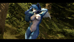 16:9 2020 3d 3d_(artwork) anthro black_bars blue_body blue_fur blue_hair breasts canid canine digital_media_(artwork) female forest fox fur genitals green_eyes hair hands_behind_head hi_res krystal letterbox looking_at_viewer mammal multicolored_body multicolored_fur multicolored_tail nintendo nude plant pussy seductive silvarion silvarus solo star_fox tailband tattoo tree video_games white_body white_fur widescreen