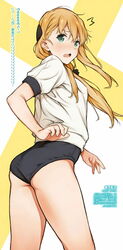 ass blonde_hair blue_eyes female female_focus female_only gamers! gym_uniform looking_back simple_background tendou_karen