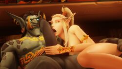 1boy 1girls 3d blood_elf female interspecies licking_penis male male/female troll_(warcraft) warcraft world_of_warcraft zandalari_troll zaro3d