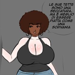 afro big_ass big_breasts big_butt body_swap bodyswap dark-skinned_female dark_skin fat_ass franktonius italian_text launna_(franktonius) skin_tone_mismatch swap text translation_request two-tone_skin