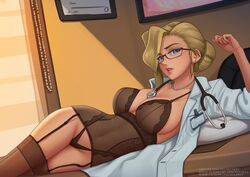 1girls black_corset black_garter_straps black_stockings blonde_hair blue_eyes boobs bustier cleavage coat deilan12 doctor ear_piercing garter_straps hair_bun lab_coat large_breasts lingerie looking_at_viewer lying_on_side mercy office open_mouth overwatch panties seductive solo stethoscope stockings thong white_coat