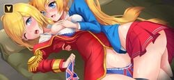 2girls armor_blitz blonde_female blonde_hair blue_eyes evie_(armor_blitz) female lesbian_sex multiple_girls nutaku rachel_(armor_blitz) tagme union_jack union_jack_panties yuri