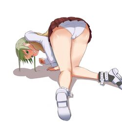 1girls ass blush female_only green_eyes grey_hair maka_albarn panties pantyshot shoes sitting skirt solo soul_eater top-down_bottom-up white_panties