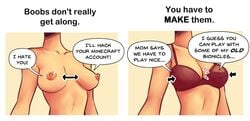 1girls 2koma big_breasts bra breasts cleavage comic educational english_text female_focus female_only highres humor nipples nortuet original original_character simple_background solo talking_breasts text tutorial