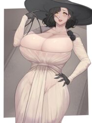 1girls absurd_res alcina_dimitrescu black_flower black_gloves black_hair black_headwear black_rose breasts breasts_bigger_than_head clavicle claws cleavage curvy dress female female_only flower gloves hand_on_hip hand_up hat hi_res hourglass_figure huge_breasts large_breasts looking_at_viewer metal_owl raised_eyebrow resident_evil resident_evil_8:_village rose skindentation solo standing tongue tongue_out upper_teeth white_dress wide_hips yellow_eyes